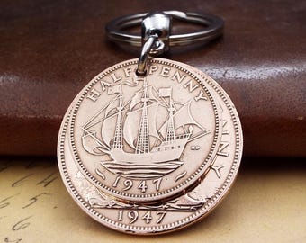 1947 British Penny Ha'penny Double Coins Keyring UK 79th Birthday Gift Birthyear Keepsake Keyring Men Women Fast Dispatch Letterbox Present