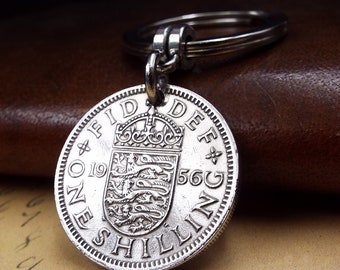 1956 ENGLISH Shilling British Coin Keyring 68th Birthday Gift Vintage Keepsake Anniversary Idea Retirement Present Men Women Him Her UK