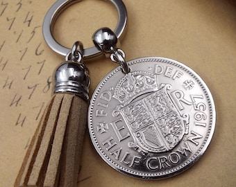 1957 Half Crown Coin Tassel Keyring – Vintage UK Birth Year Keepsake