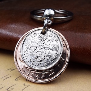 Original 1964 British Sixpence Ha'penny Double Coin Keyring 62nd Birthday Gift Small Sentimental Birth Year Keepsake Him Her Men Women UK