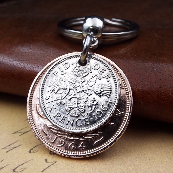Original 1964 British Sixpence Ha'penny Double Coin Keyring 60th Birthday Gift Small Sentimental Birth Year Keepsake Him Her Men Women UK