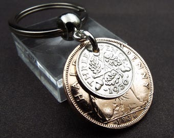 1936 British Threepence Ha'penny Double Coins Keyring UK 90th Birthday Gift Birthyear Keepsake Keyring for Men Women Him Her Upcycle Recycle