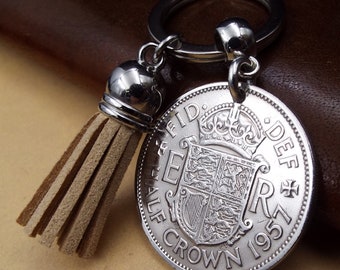 1957 Half Crown Beige Tassel Coin Keyring 69th Birthday Gift Vintage Birth Year Recycle Keepsake UK British Metal Keychain Men Women Him Her