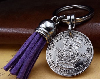 1948 Mauve Tassel English Shilling Coin Keyring 76th Birthday Gift Birth Year Born In Keepsake Present Retirement Idea Men Women Him Her UK