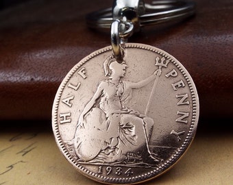 1934 Worn British Bronze Ha'penny Half Penny Birth Year Coin Keyring Birthday Gift Keychain Old Vintage  Him Her Men Women UK