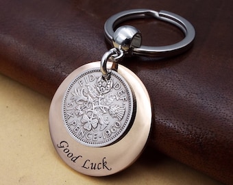 Good Luck Lucky Sixpence Pocket Token 1960 Coin Keyring  64th Birthday Gift Idea Keepsake Driving Test Exams New House Job Keychain