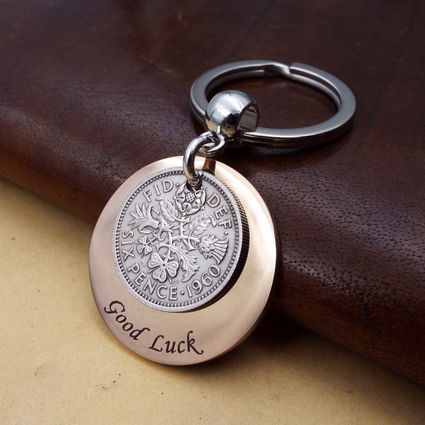 Good Luck Lucky Sixpence Pocket Token 1960 Coin Keyring  64th Birthday Gift Idea Keepsake Driving Test Exams New House Job Keychain