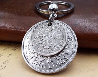1960 'Two And Six' Double Coins Keyring  66th birthday gift, 2 Shillings and Sixpence