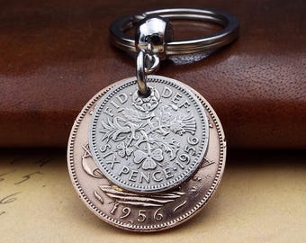 Original 1956 British Sixpence Ha'penny Double Coin Keyring 70th Birthday Gift Small Sentimental Birth Year Keepsake Him Her Men Women UK