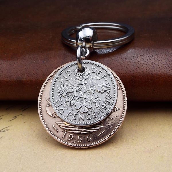 Original 1956 British Sixpence Ha'penny Double Coin Keyring 70th Birthday Gift Small Sentimental Birth Year Keepsake Him Her Men Women UK
