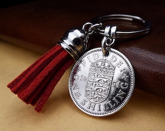 72nd Birthday Gift Red Tassel 1954 English Shilling Coin Keyring