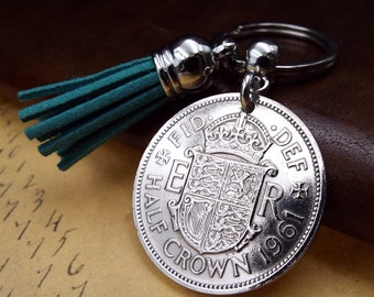 1961 UK Half Crown Coin Teal Tassel Keyring  63rd Birthday Gift Birth Year Souvenir Men Women British Metal Keychain