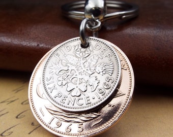The Original 1965 British Sixpence Ha'penny Double Coin Keyring 61st Birthday Gift Small Sentimental Birth Year Keepsake Him Her Men Women