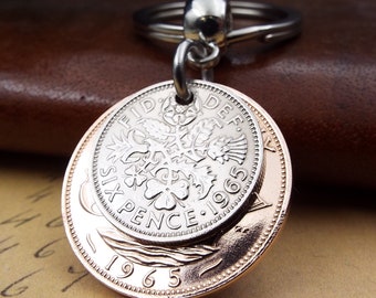 Original 1965 British Sixpence Ha'penny Double Coin Keyring 59th Birthday Gift Small Sentimental Birth Year Keepsake Him Her Men Women UK