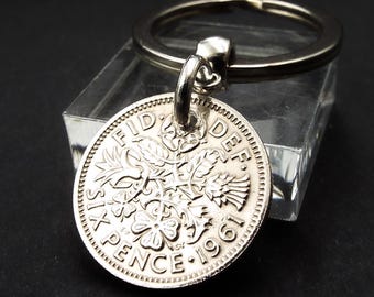 1961 Lucky Sixpence Keyring, 65th Birthday Gift, British Birth Year Keepsake