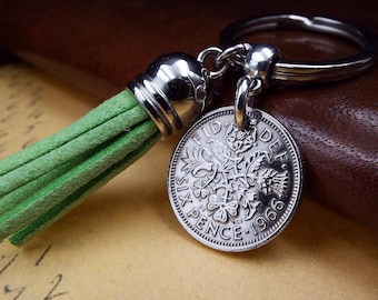 1966 Sixpence Keyring with Tassel Colour Choice Lucky Birth Year Gift for Him Her