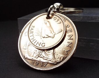 Original 1937 Penny and Farthing Double Coin Keyring 89th Birthday Gift