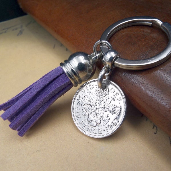 1967 British Sixpence Mauve Tassel Coin Keyring 57th Birthday Gift Upcycled Vintage Lucky Keychain Birth Year Him Her Men Women Born In UK