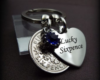 1963 Lucky Sixpence Heart Blue Charm Coin Keyring Antique Sentimental Small Birth Year Keepsake Good Luck Talisman 61st Birthday Gift UK