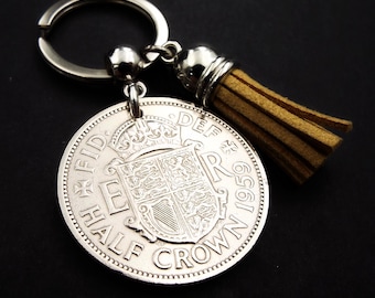 67th Birthday Gift 1959 Half Crown Coin Keyring Beige Tassel