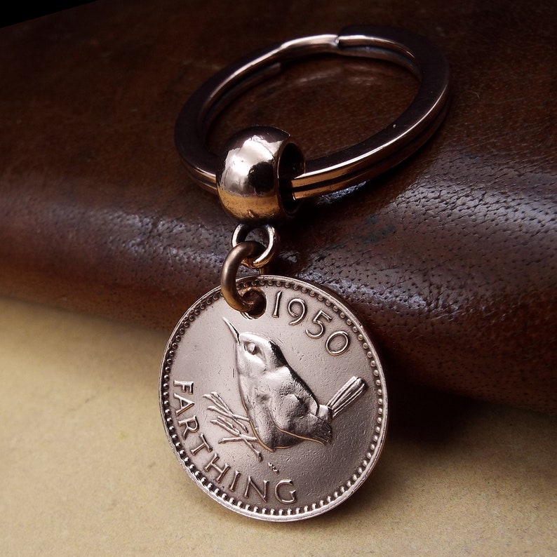 1950 COMPLETE DATE British Farthing Old Vintage Wren Keychain 74th Birthday Gift Genuine Bronze Coin UK image 1