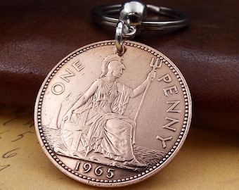 1965 British Bronze Penny Coin Keyring Nostalgic Upcycled 61st Birthday Gift Sentimental Keepsake Anniversary Present Idea Men Women UK