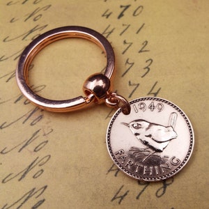 Clearance Sale 1939 OR 1949 Bumped and Bruised British Bronze Farthing Coin Keyring image 2