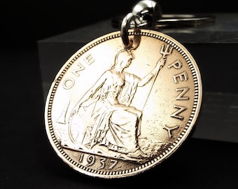 Bronze 1937 British Penny Coin Keyring: Birth Year Keepsake Him Her Anniversary Retirement