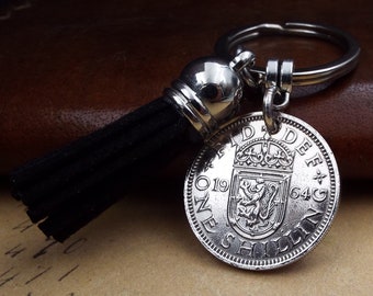 Black Tassel 1964 Scottish Shilling Coin Keyring 60th Birthday Gift Birth Year Keepsake Small Sentimental Present Him Her Military Xmas UK