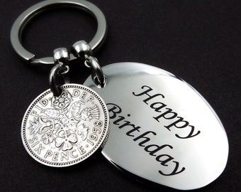 1958 Sixpence Keyring HAPPY BIRTHDAY 66th Birthday Gift Lucky British Birth Year Keepsake Antique Vintage Coin Keychain Him Her Men Women