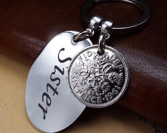 SISTER 1961 Lucky Sixpence British Coin Keyring  63rd Birthday Gift Metal Keepsake Keychain For Her Present Removable Stainless Steel Charm