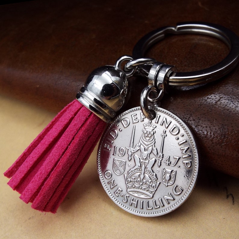 1947 Scottish Shilling Tassel Coin Keyring 77th Birthday Gift Birth Year Colour Choice Kings Shilling Military Gifts for Men Women UK 2 image 2