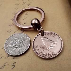 1950 COMPLETE DATE British Farthing Old Vintage Wren Keychain 74th Birthday Gift Genuine Bronze Coin UK image 4