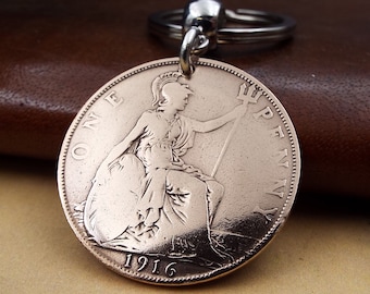 1916 Worn British Bronze Penny Coin Keyring