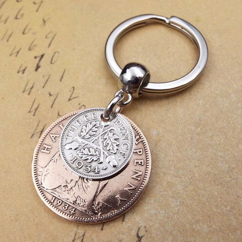 Porte-clés double pièces 3 pence Ha'penny britannique 1934 Royaume-Uni 90e anniversaire cadeau souvenir d'anniversaire porte-clés pour homme femme lui-même recyclage recyclage image 2
