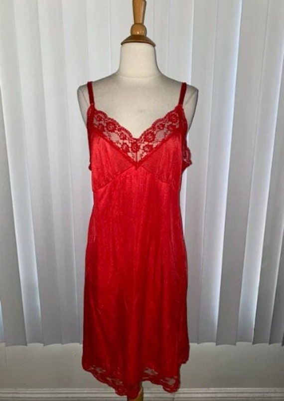 Vintage 1980's Pin Up Red Nylon Full Slip with Lace … - Gem