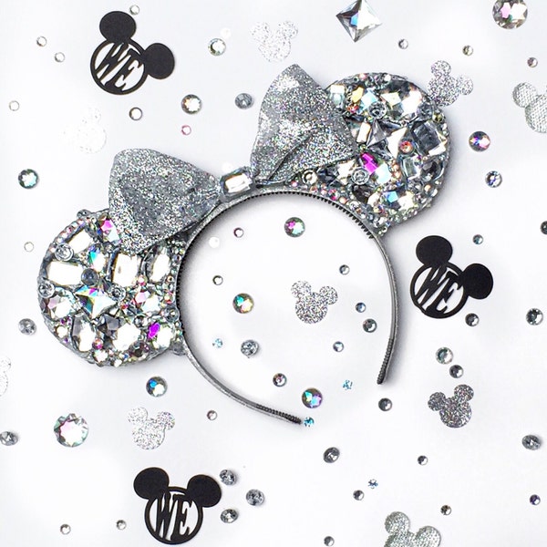 Sparkly Diamond Crystal Mouse Ears with Silver Ribbon Bow