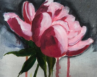 Original flower painting on canvas. Abstract art on canvas, 61 cm x 20 cm