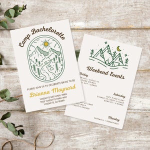 Plantilla de invitación para despedida de soltera en campamento / plantilla de Canva de descarga digital, aventura al aire libre, bosque, viaje de chicas a la montaña