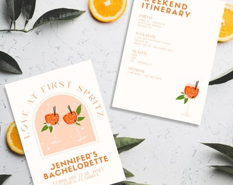 Love at First Spritz Bachelorette Invite Template | aperol spritz theme, hen party, orange minimalist