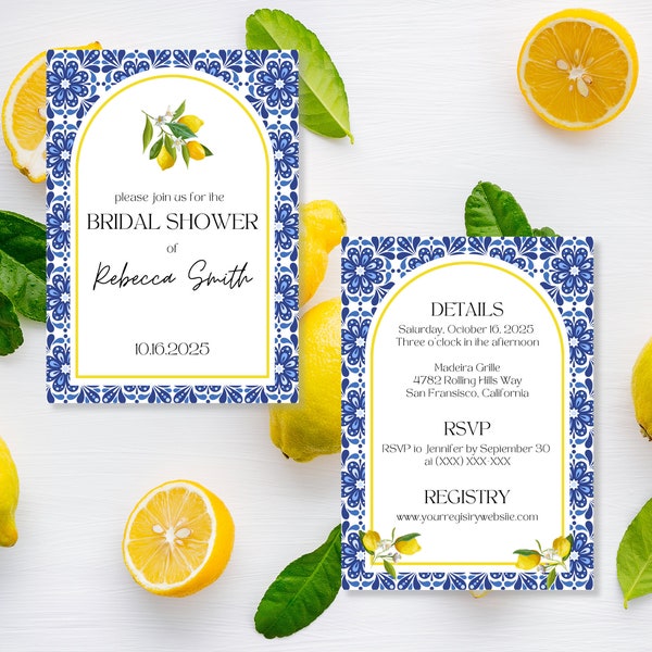 Love & Lemons Bridal Shower Invite Template | Mediterranean, tile, Italian coastal, capri, lemons, editable, Canva template