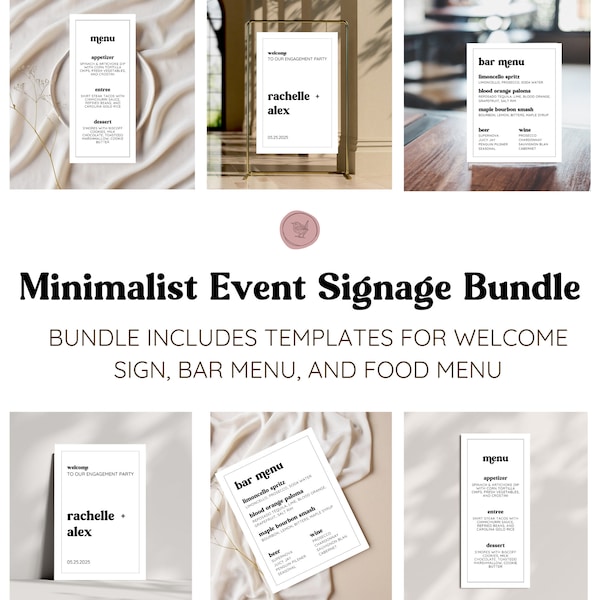 Minimalist Event Signage Bundle | Signage, menu, bar menu, party signs, bundle