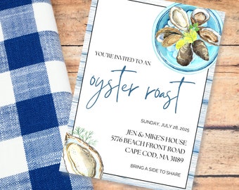 May include: A white invitation card with blue text that reads "You're invited to an oyster roast." The card also includes the date, time, and location of the event. The card is decorated with a watercolor illustration of oysters in a blue bowl.