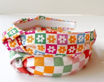 Checkered Retro Top Knot Headband Knotted