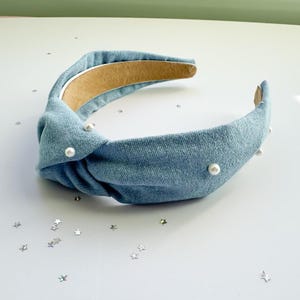 Light Denim Pearl Embellished Headband Light denim crystal pearl knot headband fascinator – House  main image 2