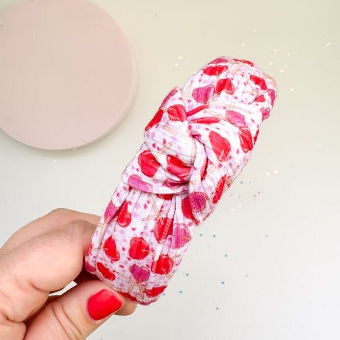 Lollipop Hearts Ribbed Knit Top Knot Headband - Sweet Charm in Pink