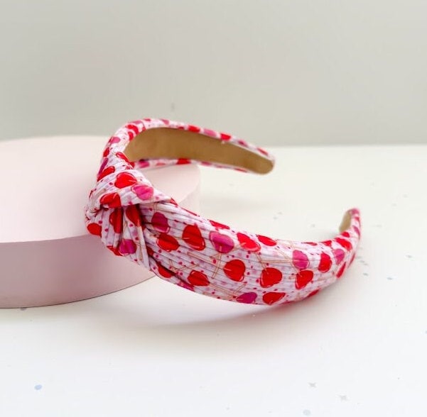 Lollipop Hearts Ribbed Knit Top Knot Headband - Sweet Charm in Pink