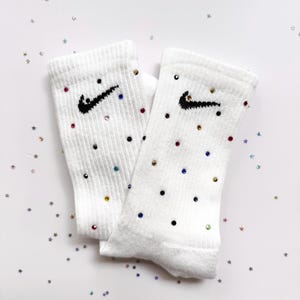Nike Rainbow Rhinestone Socks – Bedazzled Crew Socks with Hotfix Crystals | Small or Medium | Everyday Cushioned Sparkle Black or White