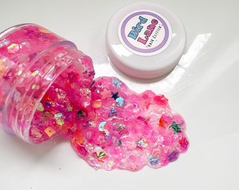 Neon Confetti Blast Hair Gel - Vibrant Pink Base with Multicolored Glitter Shapes | Festivals, Parties, Everyday Glam | 15g Jar with Brush