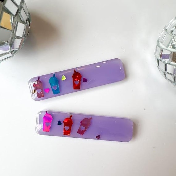 Iced Coffee Resin Hair Clip: Glitter Cups, Purple Kawaii 